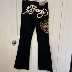 Ed Hardy Black Flared Jeans with Multicolor Tiger Patch